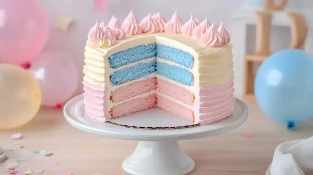 Homemade Gender Reveal Cake with a surprise blue or pink filling inside.