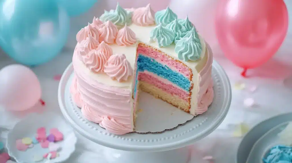 Gender Reveal Cake sliced open to reveal a blue or pink center.