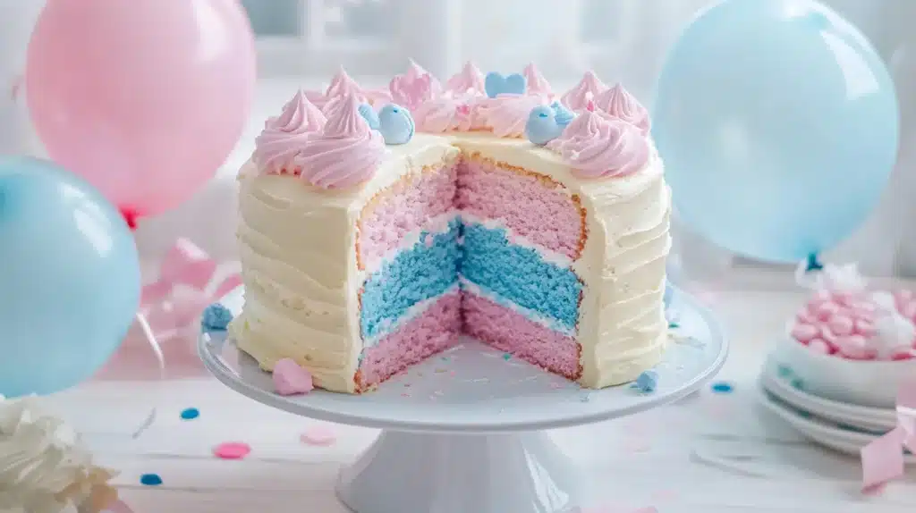 Gender Reveal Cake cut open to show a pink or blue surprise filling.