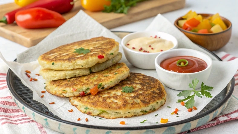 Montrez les galettes cuites sur une assiette avec du papier absorbant en dessous pour égoutter l'excès d'huile. Ajoutez quelques garnitures colorées ou sauces à côté pour rendre l'image plus appétissante.