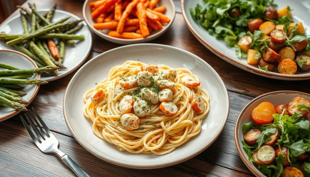 Crab pasta and side dishes