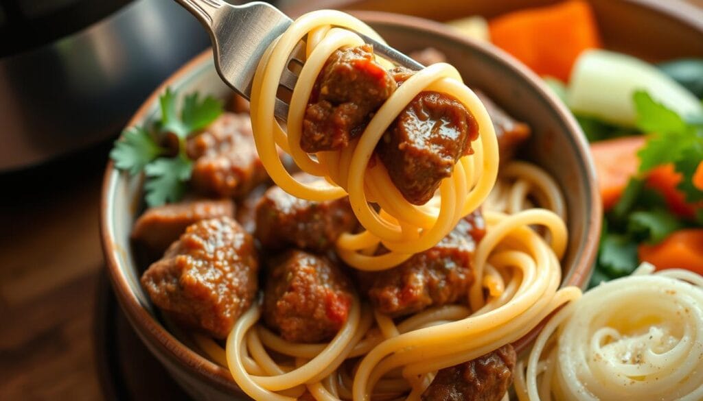 slow cooker beef and angel hair pasta