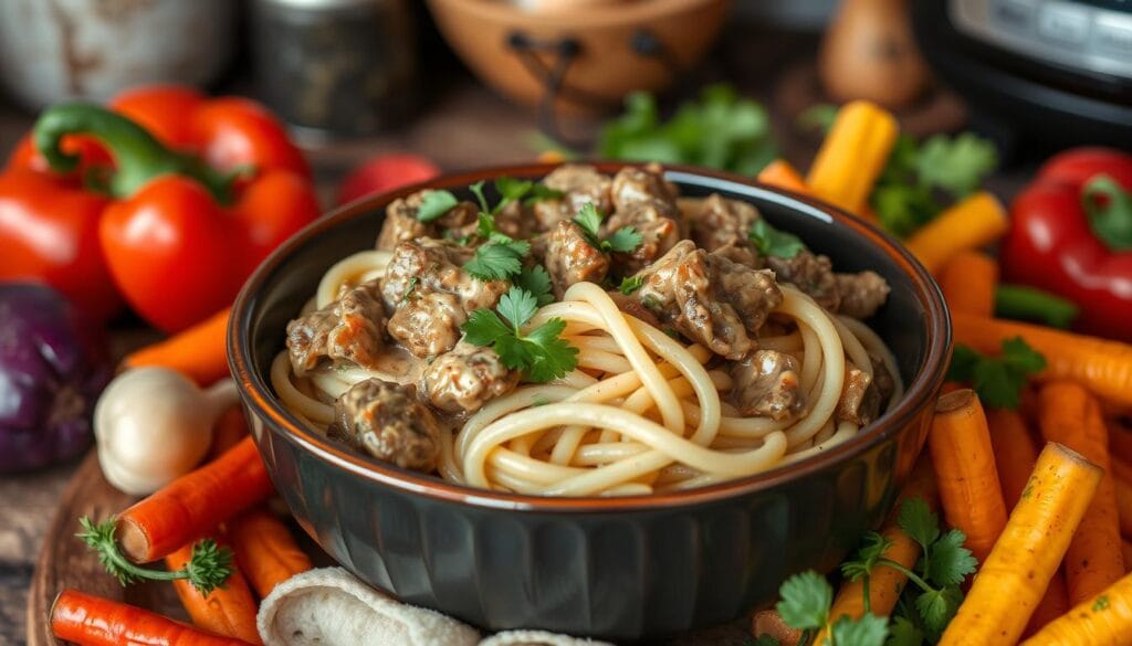 slow cooker beef stroganoff with pasta