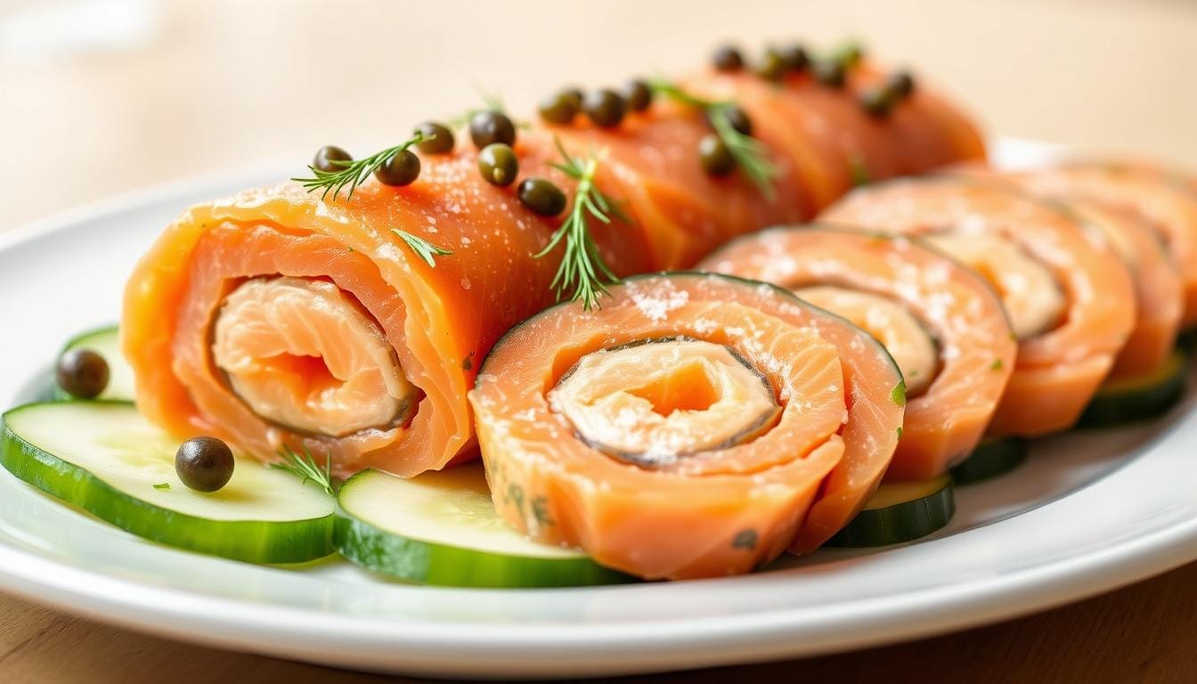 smoked salmon roulade on cucumber chatelaine