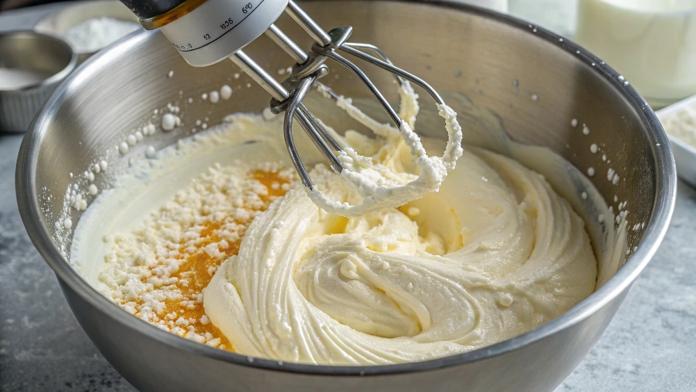 Capture a vivid image of a large mixing bowl filled with softened cream cheese, sour cream, granulated sugar, and vanilla extract. Show the mixture being mixed thoroughly with a hand mixer or whisk until it reaches a smooth and creamy consistency.