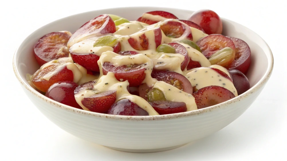 an image of a bowl where halved grapes are gently folded into a creamy dressing, ensuring each grape is evenly coated.