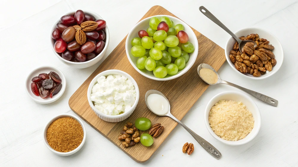 photo featuring the ingredients for a grape salad recipe: 2 cups of halved red and green seedless grapes, 8 ounces of softened cream cheese, 1/2 cup of sour cream, 1/3 cup of granulated sugar, 1 teaspoon of vanilla extract, 1/2 cup of roasted pecans or walnuts (optional), and 2 tablespoons of brown sugar for topping. Arrange the ingredients neatly in bowls or on a cutting board with a clean, bright background for a fresh and appetizing look.