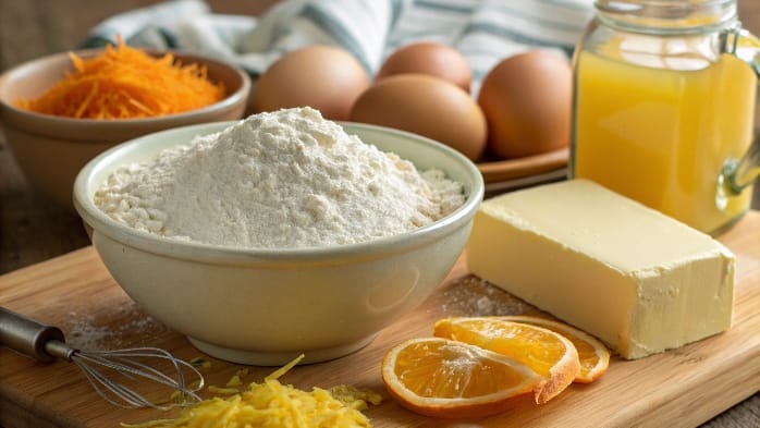 image with Flour, unsalted butter at room temperature, granulated sugar, fresh orange zest and juice, eggs, vanilla extract.