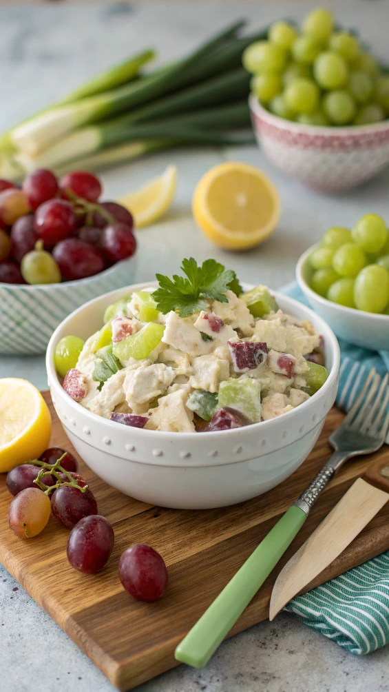 Write a detailed recipe for Chicken Salad Chick Grape Salad, including ingredients, step-by-step instructions, prep time, servings, calories, equipment needed, and serving suggestions. Use clear, concise language and include a short description of the dish.