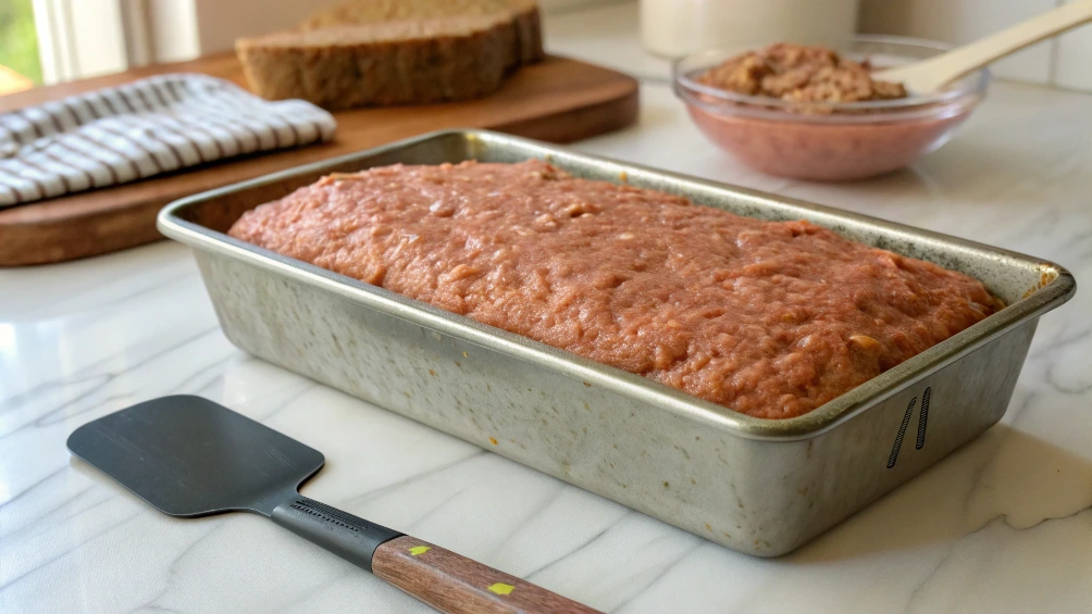 Lightly grease a loaf pan and put the meatloaf mixture in it, shaping it evenly.