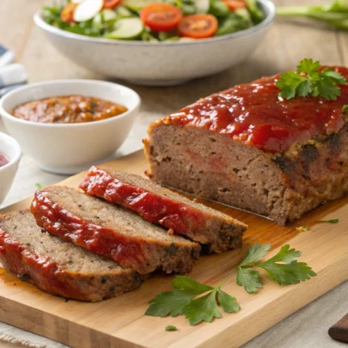 A beautifully styled presentation of the kidney-friendly ground beef meatloaf recipe. The meatloaf, sliced neatly, is arranged on a wooden cutting board, revealing its moist and flavorful interior. A glossy low-sodium ketchup glaze tops the loaf, adding a rich, appetizing shine. Surrounding the meatloaf are small bowls of fresh parsley, a drizzle of extra ketchup glaze, and a side of lightly roasted vegetables or a fresh salad for garnish. The warm, natural lighting enhances the textures and colors of the dish, while a clean, rustic kitchen counter with a loaf pan, a spatula, and a mixing bowl in the background hints at the preparation process. A sprig of parsley adds a final touch of elegance, making the scene feel both comforting and inviting.