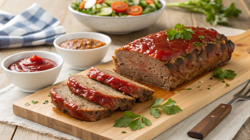 A beautifully styled presentation of the kidney-friendly ground beef meatloaf recipe. The meatloaf, sliced neatly, is arranged on a wooden cutting board, revealing its moist and flavorful interior. A glossy low-sodium ketchup glaze tops the loaf, adding a rich, appetizing shine. Surrounding the meatloaf are small bowls of fresh parsley, a drizzle of extra ketchup glaze, and a side of lightly roasted vegetables or a fresh salad for garnish. The warm, natural lighting enhances the textures and colors of the dish, while a clean, rustic kitchen counter with a loaf pan, a spatula, and a mixing bowl in the background hints at the preparation process. A sprig of parsley adds a final touch of elegance, making the scene feel both comforting and inviting.