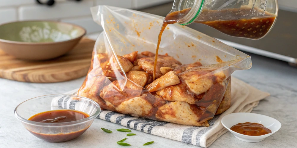 A large resealable bag or shallow dish filled with bone-in, skin-on chicken pieces coated in a glossy vinegar-based marinade. The scene shows some marinade being poured over the chicken, with a kitchen countertop background and a small bowl of reserved marinade set aside.