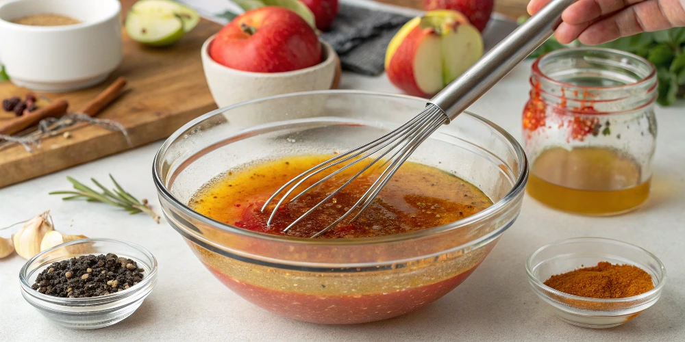 A medium-sized glass or metal bowl filled with a vibrant marinade made of apple cider vinegar, water, melted butter, Worcestershire sauce, salt, paprika, black pepper, cayenne pepper, honey, and minced garlic. A hand whisk is actively mixing the ingredients, with spices and liquids visibly blending together.