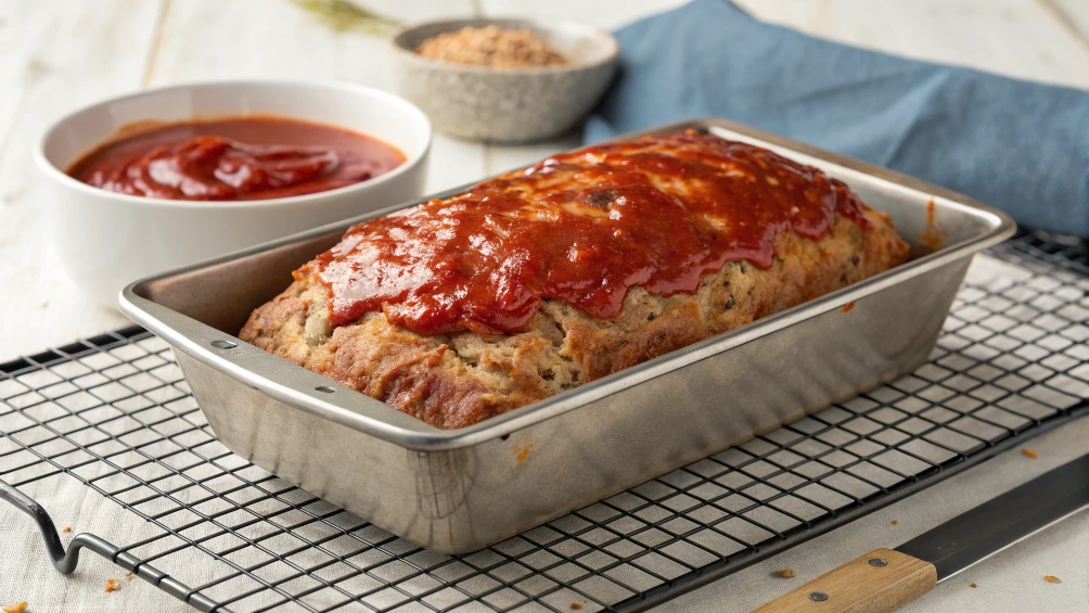 A perfectly baked meatloaf in a 9"x5" loaf pan sitting on an oven rack, fresh out of the oven after 40 minutes. The meatloaf has a slightly golden crust, and the top is being brushed with a glossy, low-sodium ketchup glaze using a silicone brush. A small bowl of ketchup glaze sits nearby on a cooling rack, with a clean and warm kitchen background that highlights the comforting scene.