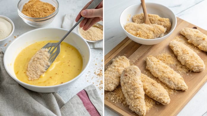 Coat each chicken tender in the flour mixture, then dip into the egg mixture, and finally coat with breadcrumbs.