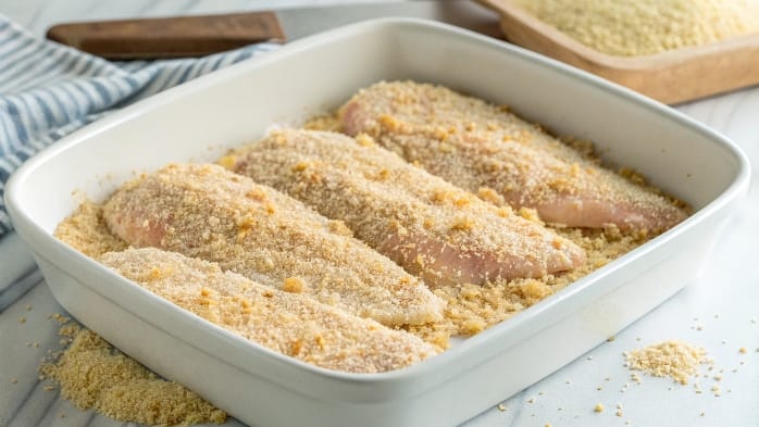 Place breadcrumbs in a third shallow dish.
