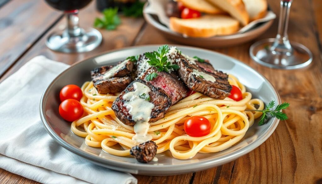 A delectable plate of steak pasta recipes, juicy slices of steak atop creamy, sauce-coated pasta, garnished with freshly grated Parmesan and vibrant green parsley.