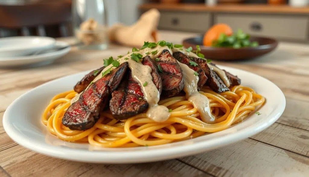 An appetizing plate of A delectable plate of steak pasta featuring tender, juicy slices of steak atop creamy, sauce-coated pasta, garnished with freshly grated Parmesan and vibrant green parsley. tender slices of seared steak on a bed of creamy pasta. The dish is garnished with fresh herbs and grated Parmesan cheese, with hints of garlic and a rich sauce visible, creating a mouthwatering presentation.