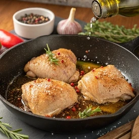 Season chicken thighs with salt, pepper, and paprika. Place them skin-side down in the skillet and sear for 5-6 minutes, or until the skin is golden and crispy. Flip and sear the other side for 2 minutes. Remove and set aside.