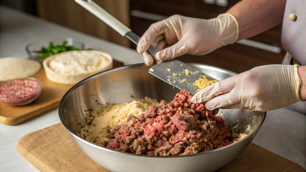 Add the ground beef to the bowl and mix gently until the ingredients are just combined. Avoid over-mixing, as this can make the meatloaf dense and tough.