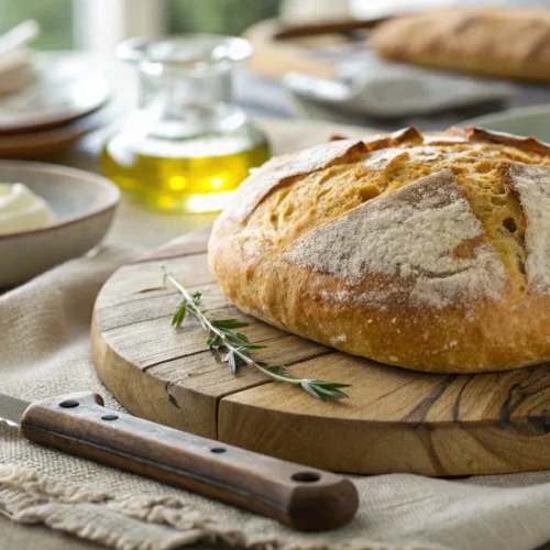 Un gros plan d'un pain vegan fraîchement sorti du four, posé sur une planche en bois rustique. Le pain a une croûte dorée et croustillante avec une légère poussière de farine. Autour du pain, des accessoires suggèrent une ambiance de repas : un couteau à pain avec une lame brillante, une petite assiette contenant de l'huile d'olive ou une tartinade, et un linge de table en lin beige. L'arrière-plan est flou mais laisse entrevoir une table prête à manger, avec des assiettes et un verre d'eau. Une lumière naturelle douce éclaire la scène, mettant en valeur la texture du pain et l'ambiance chaleureuse.