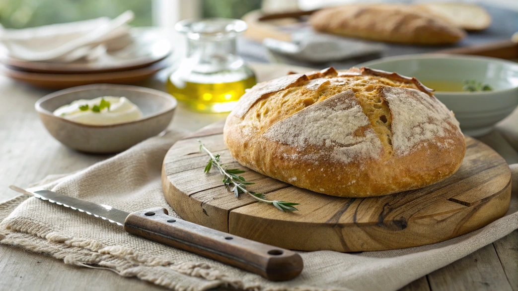 Un gros plan d'un pain vegan fraîchement sorti du four, posé sur une planche en bois rustique. Le pain a une croûte dorée et croustillante avec une légère poussière de farine. Autour du pain, des accessoires suggèrent une ambiance de repas : un couteau à pain avec une lame brillante, une petite assiette contenant de l'huile d'olive ou une tartinade, et un linge de table en lin beige. L'arrière-plan est flou mais laisse entrevoir une table prête à manger, avec des assiettes et un verre d'eau. Une lumière naturelle douce éclaire la scène, mettant en valeur la texture du pain et l'ambiance chaleureuse.