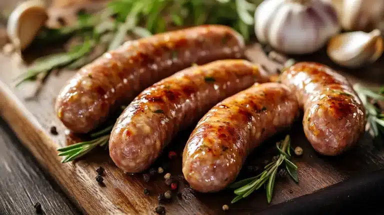 Close-up image of homemade beef sausages, golden-brown and grilled to perfection, served on a wooden board with herbs.