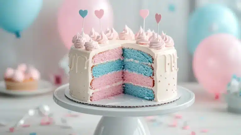 Easy Gender Reveal Cake sliced open to reveal a pink or blue surprise.