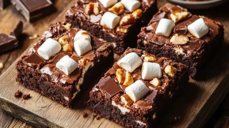 Decadent heavenly hash brownies with a rich, fudgy texture, topped with marshmallows, chocolate chunks, and a sprinkle of nuts.