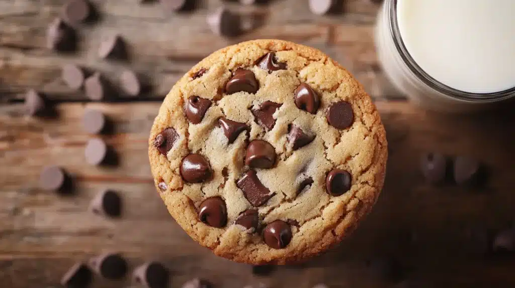 Freshly baked chocolate chip cookie on a cooling rack.