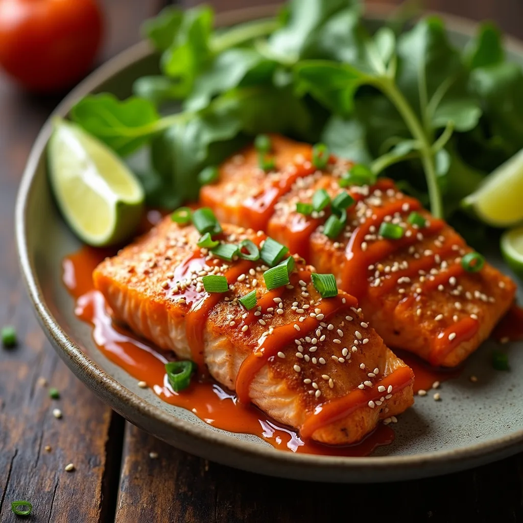 Crispy Bang Bang Salmon fillets drizzled with a creamy, spicy sauce, garnished with fresh herbs, and served on a plate with lemon wedges.