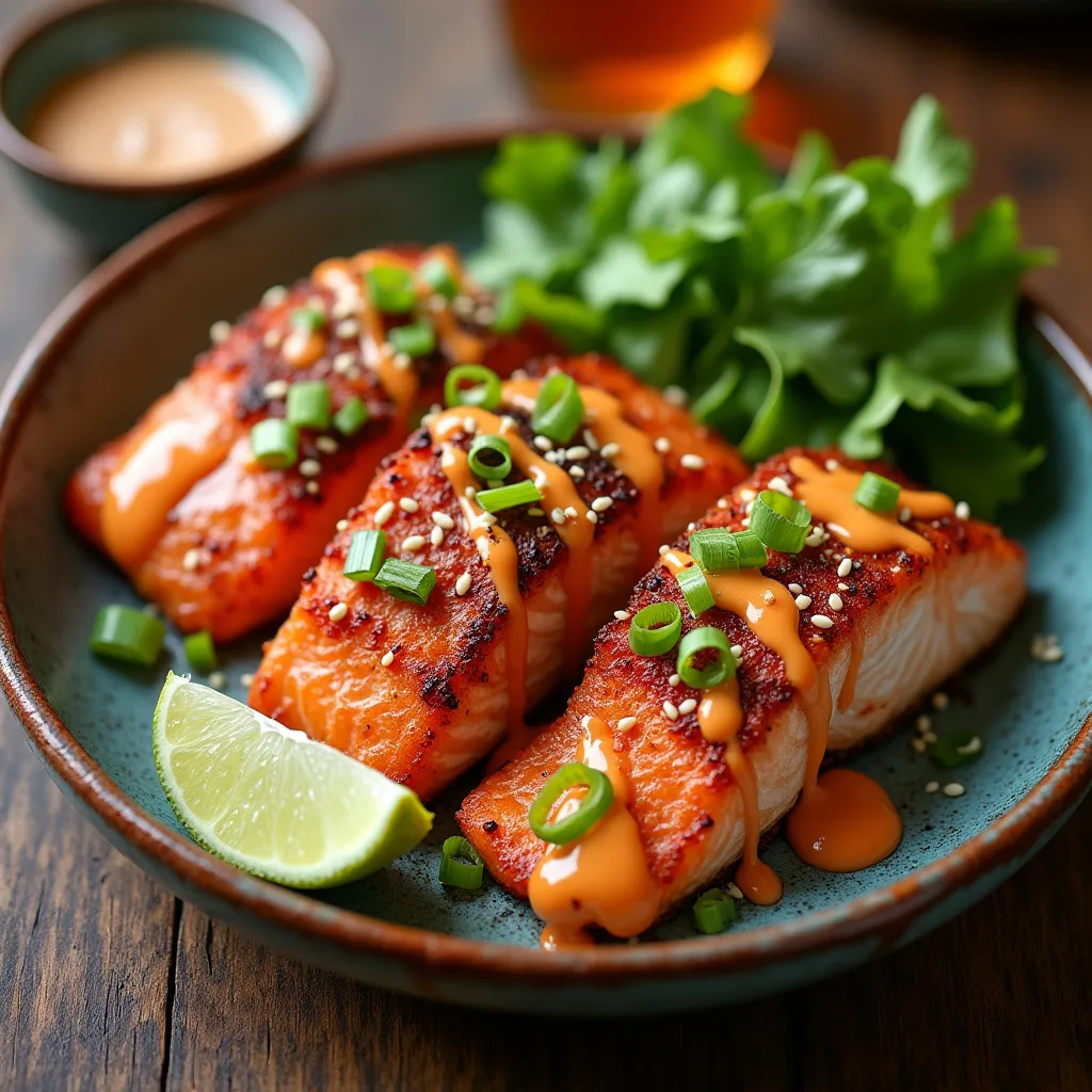 Perfectly crispy Bang Bang Salmon fillets drizzled with a creamy, spicy sauce, served on a plate with fresh herbs and a side of dipping sauce.