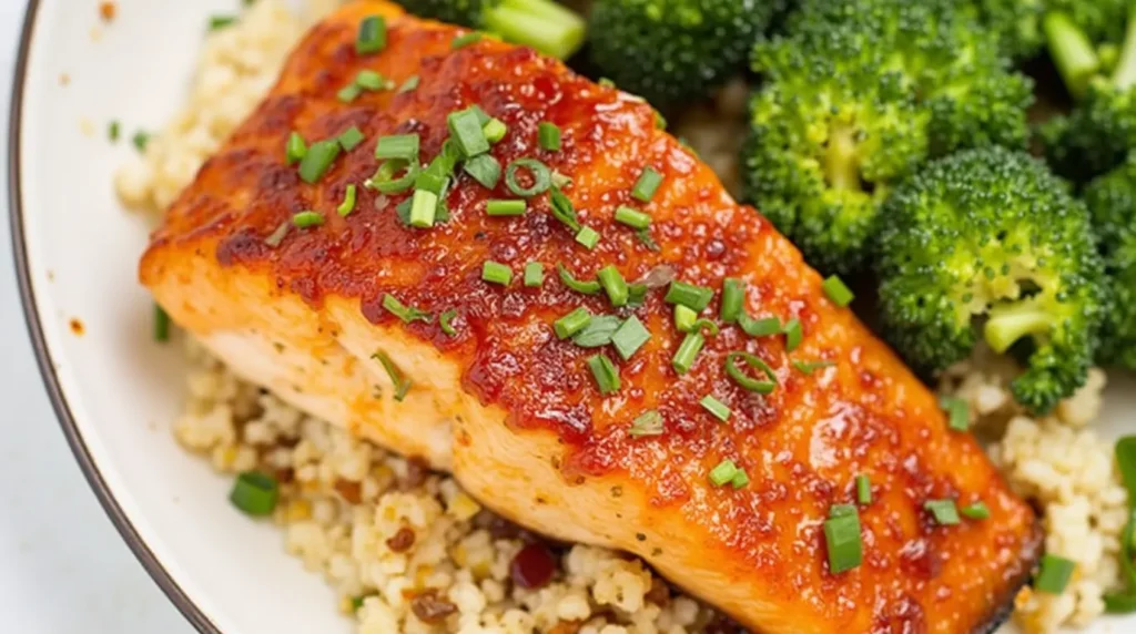 Perfectly seared Honey Garlic Glazed Salmon fillets, drizzled with a glossy honey-garlic sauce and garnished with fresh herbs.