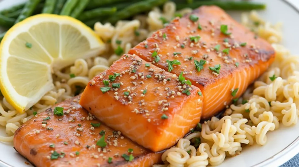 Glazed Honey Garlic Salmon fillets on a plate, garnished with fresh parsley and a drizzle of honey garlic sauce