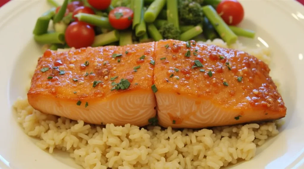 Succulent Honey Garlic Glazed Salmon fillets with a golden, caramelized glaze, served with a side of fresh vegetables