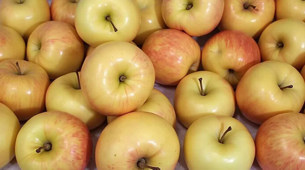 Fresh, crisp Honeycrisp apples with a vibrant red and yellow skin, displayed in a rustic basket on a wooden table.