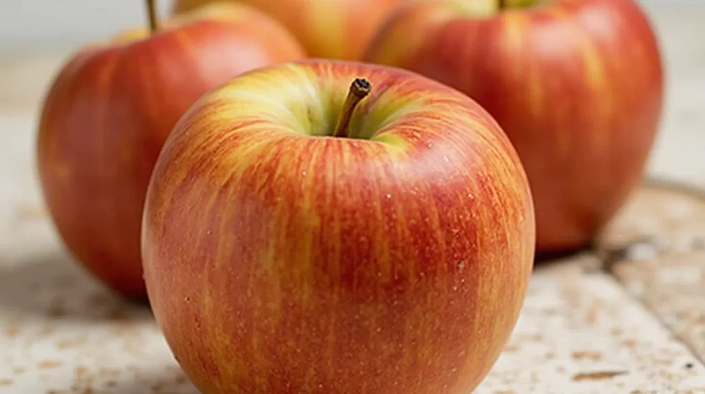 Pile of fresh Honeycrisp apples with red and golden hues, glistening with freshness and arranged in a rustic wooden basket.