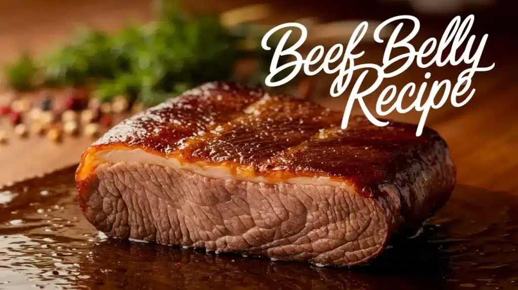 Sliced beef belly with seared edges and layers of fat, garnished with chopped green onions and sesame seeds, served on an oval plate with a soy-based dipping sauce