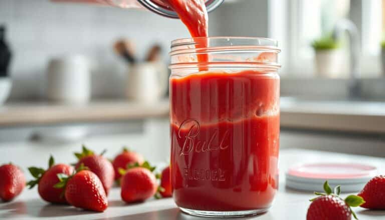 A bowl of freshly made strawberry puree surrounded by whole strawberries and a wooden spoon.