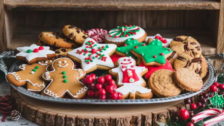 Assorted holiday cookies on a festive tray, including sugar cookies, gingerbread men, and chocolate crinkles, decorated with colorful icing and sprinkles.