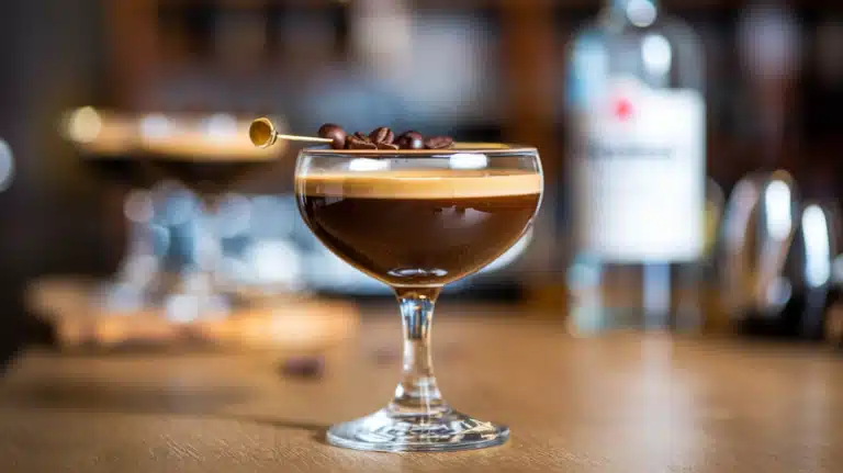 A chilled Espresso Martini served in a coupe glass, topped with a creamy foam layer and three coffee beans arranged in the center.