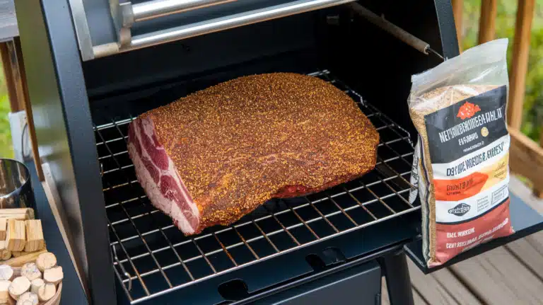 Assorted smoked meats on a wooden cutting board, including ribs, brisket, and sausages, with smoke rising in the background from a pellet smoker.