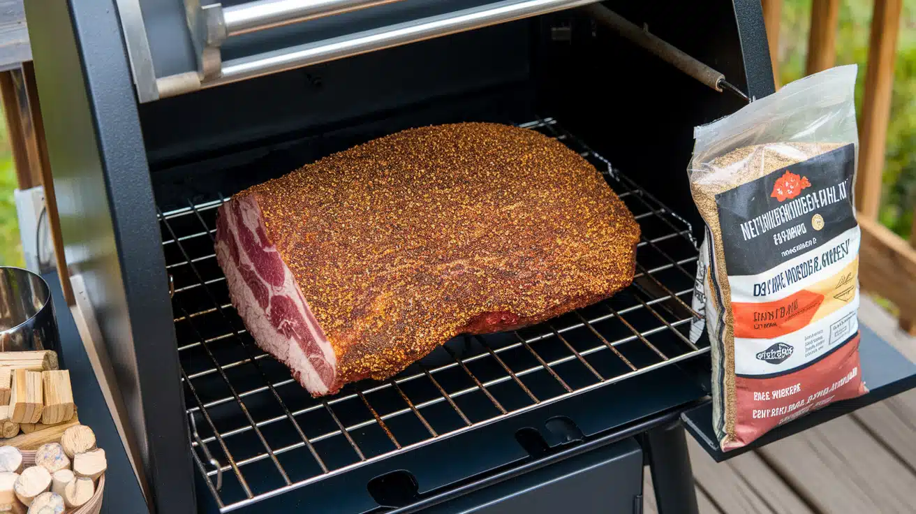 Assorted smoked meats on a wooden cutting board, including ribs, brisket, and sausages, with smoke rising in the background from a pellet smoker.