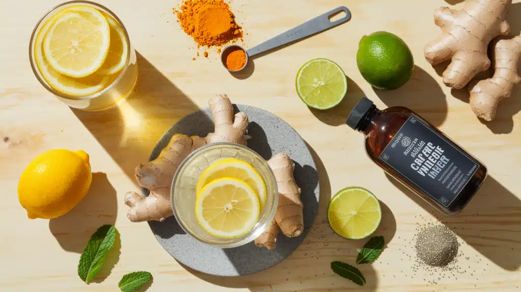 Mounjaro drink with fresh ingredients including lemon juice, cinnamon, and apple cider vinegar, in a rustic glass, showcasing a healthy, refreshing beverage.