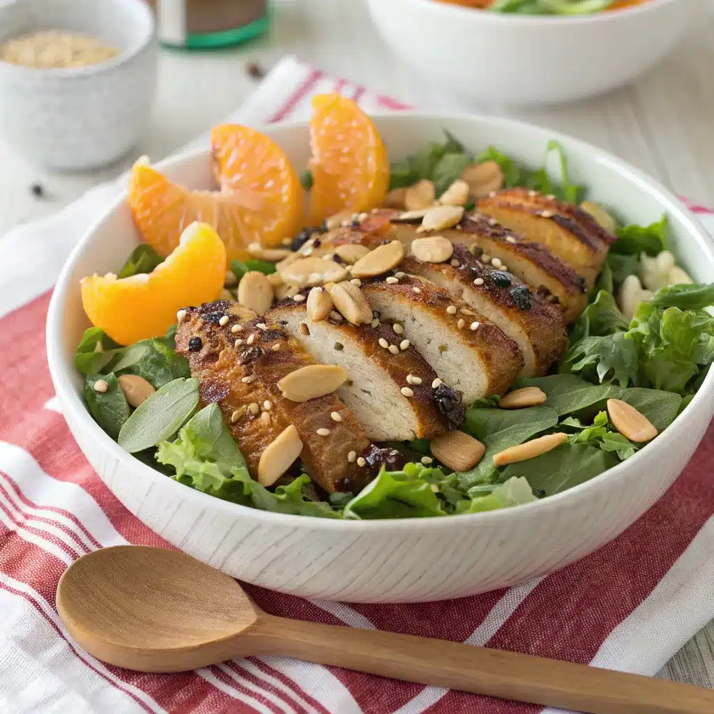 A variety of light and fresh summer meals featuring vibrant salads, grilled chicken wraps, and colorful vegetables, arranged on a wooden table outdoors.