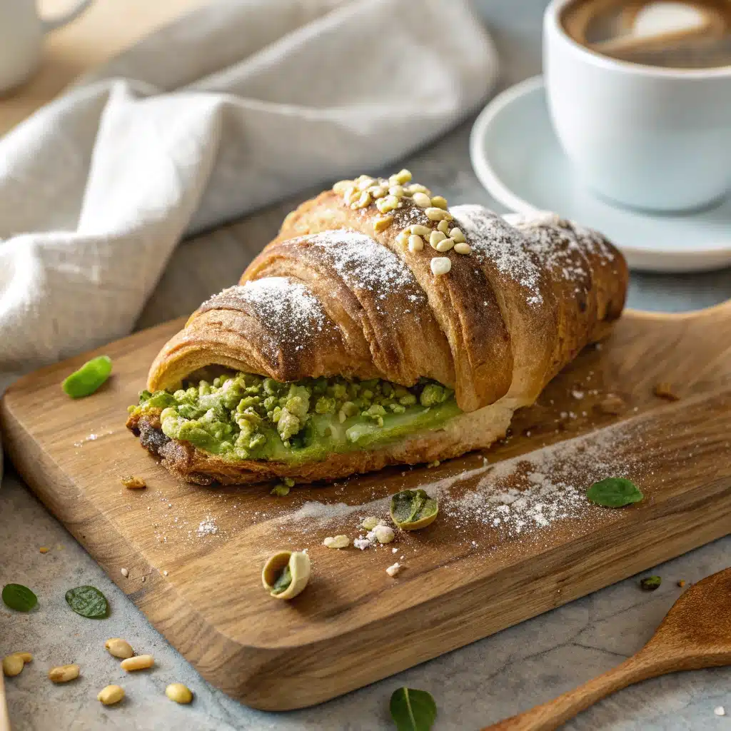 Flaky golden pistachio croissant with green pistachio cream filling, topped with crushed pistachios and powdered sugar on a wooden board.