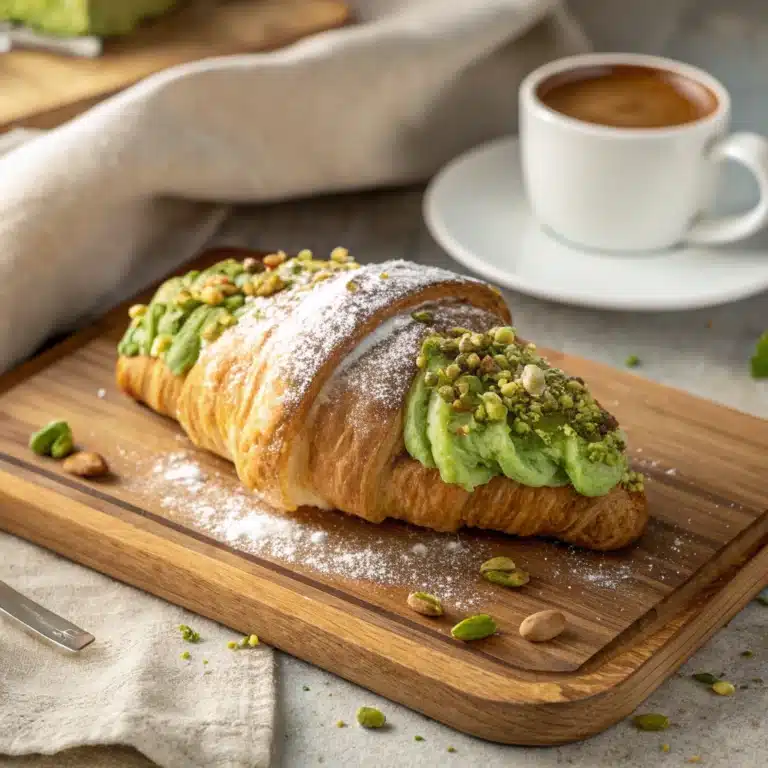 Pistachio croissant with nut filling and powdered sugar.
