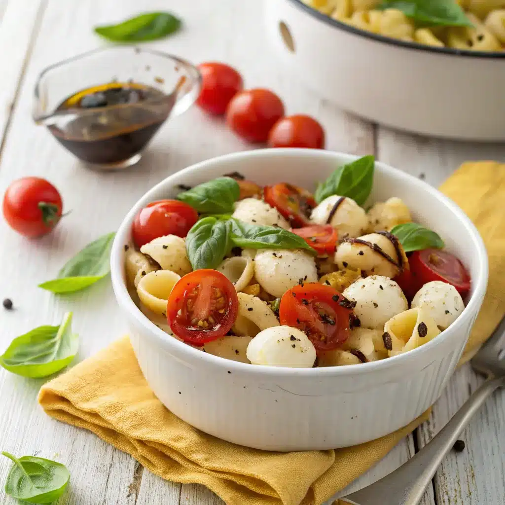 Caprese Pasta Salad with cherry tomatoes, mozzarella balls, fresh basil, and pasta, drizzled with balsamic glaze and olive oil, served in a white bowl on a rustic table.