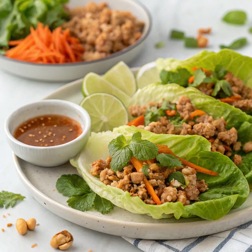 Thai Turkey Lettuce Wraps with seasoned ground turkey, shredded carrots, and water chestnuts served in crisp lettuce leaves, garnished with fresh cilantro and mint, accompanied by a bowl of spicy peanut dipping sauce.